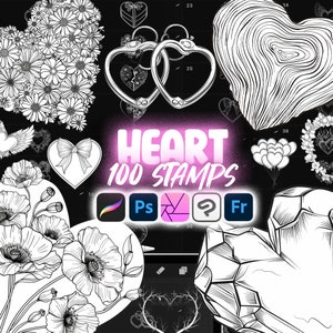 May include: A collection of 100 heart-shaped stamps in black and white. The stamps feature various designs, including flowers, geometric shapes, and abstract patterns. The text "HEART 100 STAMPS" is displayed in pink letters on a white background. The stamps are compatible with Procreate, Photoshop, Affinity Designer, and Clip Studio Paint.