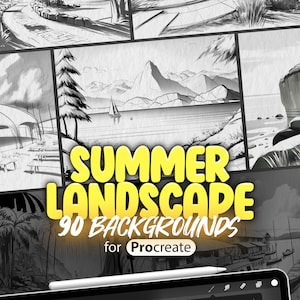 May include: A set of 90 summer landscape backgrounds for Procreate, featuring a variety of scenes with mountains, water, trees, and other natural elements. The backgrounds are in black and white and are perfect for adding your own color and details.