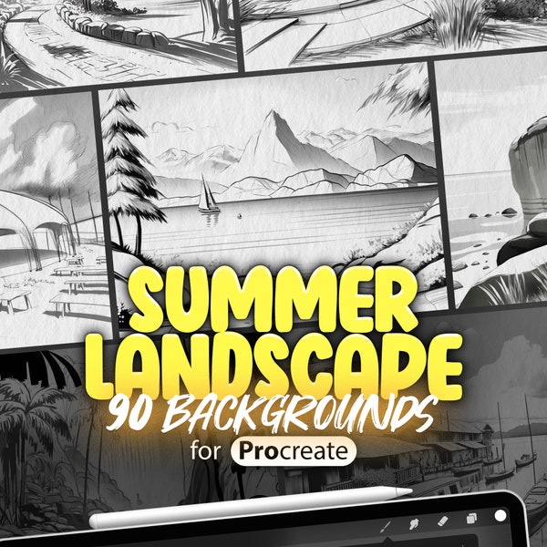 90 Procreate Summer Landscape Background | Procreate Summer Vacation Drawing Guides | Procreate Summer Mood Stamp | Summer Nature Sketches