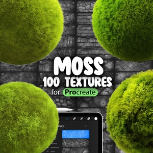 May include: A digital illustration of moss textures for Procreate. The image shows 100 different moss textures, with a green background and the text "MOSS 100 TEXTURES for Procreate".
