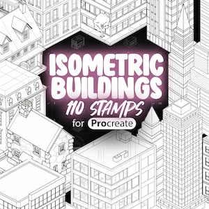 May include: A set of 110 isometric building stamps for Procreate. The stamps are black and white and feature a variety of building styles, including skyscrapers, houses, and shops. The stamps are perfect for creating cityscapes and other urban scenes.