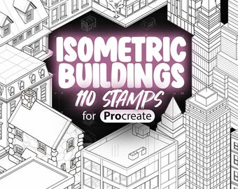 May include: A set of 110 isometric building stamps for Procreate. The stamps are black and white and feature a variety of building styles, including skyscrapers, houses, and shops. The stamps are ideal for creating cityscapes and other urban scenes.