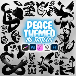 May include: A collection of 10 peace-themed tattoo designs in black and white. The designs include a dove, an anchor, a tree, a flower, a hand gesture, and a couple embracing. The text "Peace Themed 10 Tattoos" is displayed in a blue box.