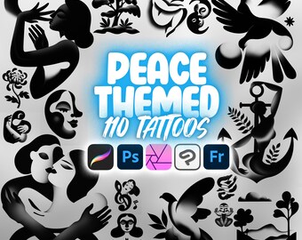 110 Sellos de tatuajes con temática de paz procreada / Tatuaje minimalista de Photoshop / Sellos de tatuajes abstractos / Diseños de tatuajes de pintura de Clip Studio