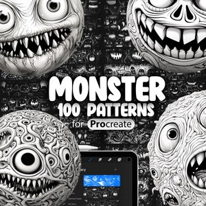 May include: A digital illustration of 100 black and white monster patterns for Procreate. The image shows a variety of monster faces with different expressions and features. The text "Monster 100 Patterns for Procreate" is displayed in the center of the image.