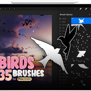 May include: A digital illustration of a flock of birds flying in a sunset sky. The image is used to promote a set of 35 Procreate brushes for creating bird illustrations. The text "BIRDS 35 BRUSHES for Procreate" is displayed in a pink and gold font.