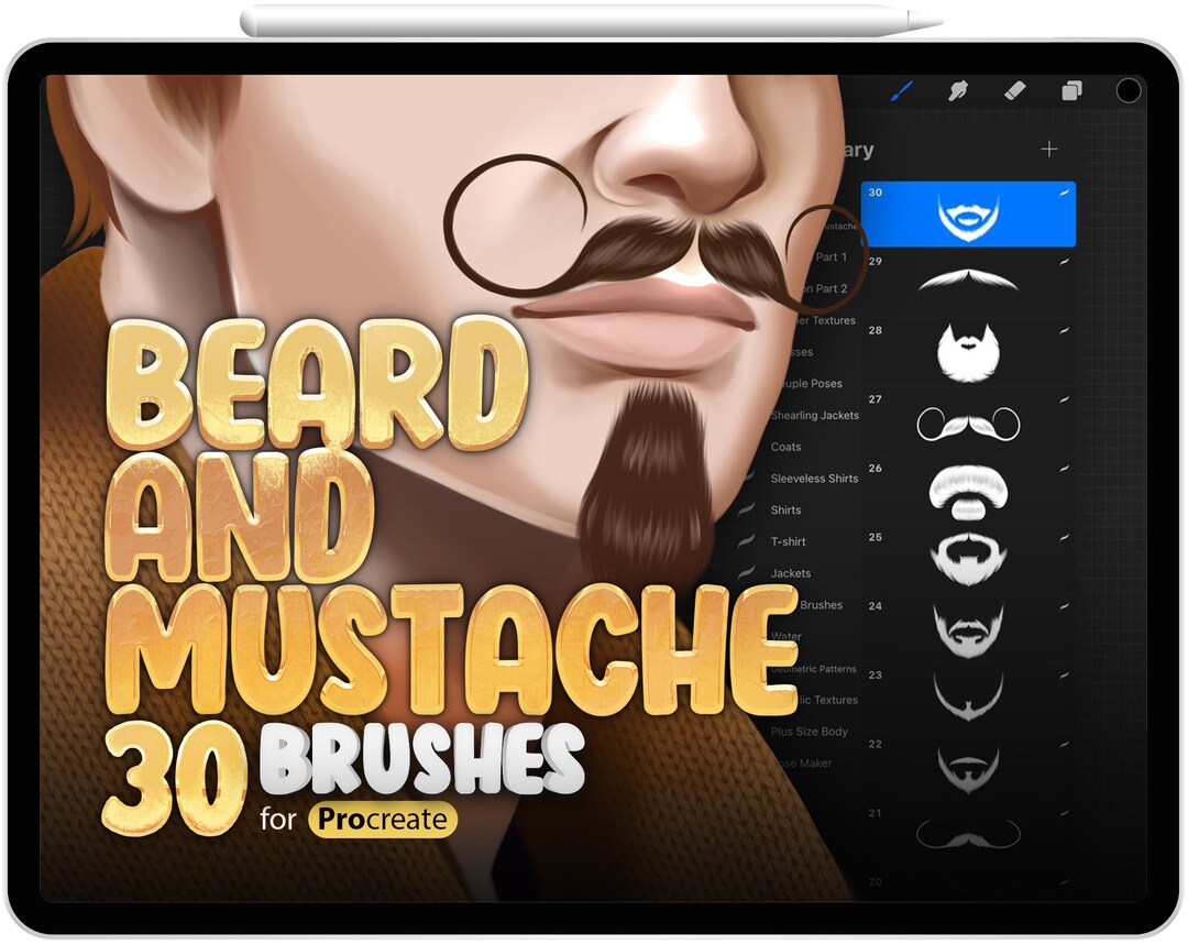 30 Procreate Beards and Mustaches Stamp Brushes, Procreate Male Bristles Stamp Brushes