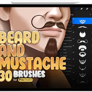 Könnte beinhalten: Eine digitale Illustration eines Männergesichts mit Bart und Schnurrbart. Das Bild ist eine Vorschau auf einen Satz von 30 Procreate-Pinseln zum Zeichnen von Bärten und Schnurrbärten. Der Text "BEARD AND MUSTACHE 30 BRUSHES for Procreate" wird in goldenen Buchstaben angezeigt.