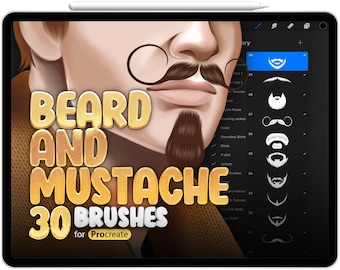 May include: A digital illustration of a man's face with a beard and moustache. The image is a preview for a set of 30 Procreate brushes for drawing beards and moustaches. The text "BEARD AND MUSTACHE 30 BRUSHES for Procreate" is displayed in gold letters.