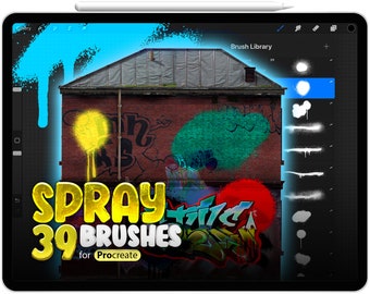 May include: A digital illustration of a brick wall with graffiti art. The text "SPRAY 39 BRUSHES for Procreate" is in large, yellow, 3D letters. The image is a preview of a digital art brush set for the Procreate app.