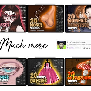 May include: A collection of digital stamps for Procreate and Photoshop. The stamps feature illustrations of glasses, noses, women's hairstyles, eyes, dresses, and mushrooms. The text "Much more" is displayed below the stamps.