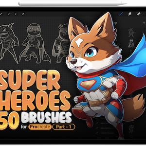 50 pincéis de carimbo Procreate Superheroes Parte 1, Procreate Anime Superhero, Procreate Manga Superhero, Pincel de animais de super-heróis de desenho animado