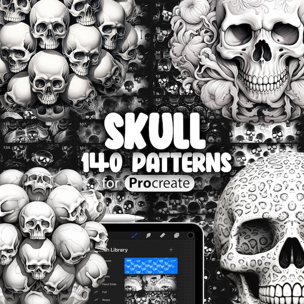 140 Procreate Skull Patterns | Gothic Skull Procreate Seamless Texture Brushes | Pirate Skulls Procreate Pattern | Floral Skull Procreate