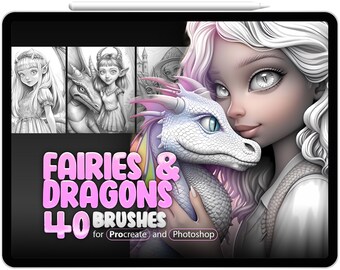 Könnte beinhalten: Eine digitale Illustration einer Fee und eines Drachen. Die Fee hat langes weißes Haar und trägt ein weißes Kleid. Der Drache ist weiß mit blauen Augen. Der Text "Fairies & Dragons 40 Brushes for Procreate and Photoshop" befindet sich am unteren Rand des Bildes.