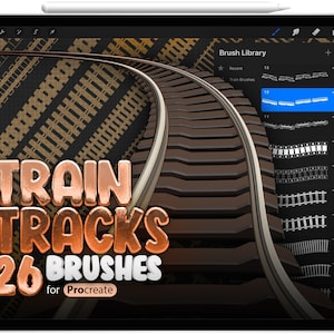 May include: A digital illustration of train tracks on a tablet screen. The image shows a set of 26 Procreate brushes for creating train tracks. The text "TRAIN TRACKS 26 BRUSHES for Procreate" is displayed on the screen.