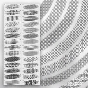 May include: A set of 28 black and white patterned brush strokes, each with a different texture, such as scales, stripes, and dots. The patterns are arranged in a grid, with each pattern numbered.