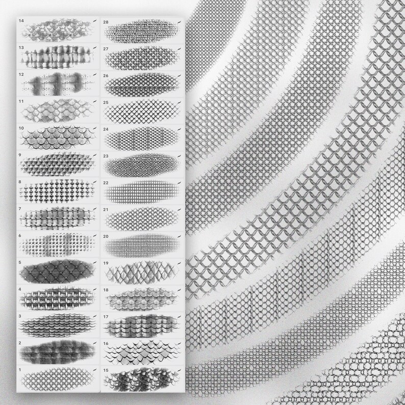 May include: A set of 28 black and white patterned brush strokes, each with a different texture, such as scales, stripes, and dots. The patterns are arranged in a grid, with each pattern numbered.