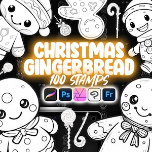May include: A set of 100 black and white Christmas gingerbread stamps for use in Adobe Photoshop, Illustrator, Procreate, and Clip Studio Paint. The stamps feature various gingerbread people, candy canes, and lollipops.