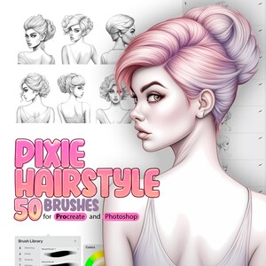 Pode incluir: Ilustração digital de uma mulher com um penteado updo rosa e roxo. A imagem inclui esboços de diferentes penteados e o texto "PIXIE HAIRSTYLE 50 BRUSHES para Procreate e Photoshop."