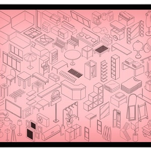 Puede incluir: Ilustraci&oacute;n isom&eacute;trica de l&iacute;nea de varios elementos de mobiliario y dise&ntilde;o de interiores, incluyendo mesas, sillas, sof&aacute;s, estanter&iacute;as y objetos decorativos. Los objetos est&aacute;n delineados en negro sobre un fondo rosa.