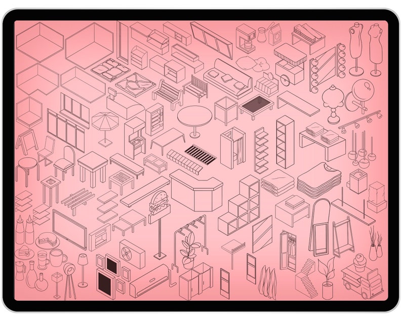 Puede incluir: Ilustraci&oacute;n isom&eacute;trica de l&iacute;nea de varios elementos de mobiliario y dise&ntilde;o de interiores, incluyendo mesas, sillas, sof&aacute;s, estanter&iacute;as y objetos decorativos. Los objetos est&aacute;n delineados en negro sobre un fondo rosa.