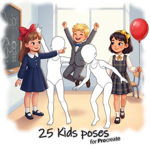 Puede incluir: Ilustración de niños con uniformes escolares, uno con un globo rojo. Un niño con traje gris salta de alegría. El texto "25 Kids poses for Procreate" está en la parte inferior.