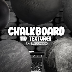 May include: A set of 110 chalkboard textures for Procreate, featuring various black and white textures with a grainy, textured look. The textures are displayed on a wooden background.
