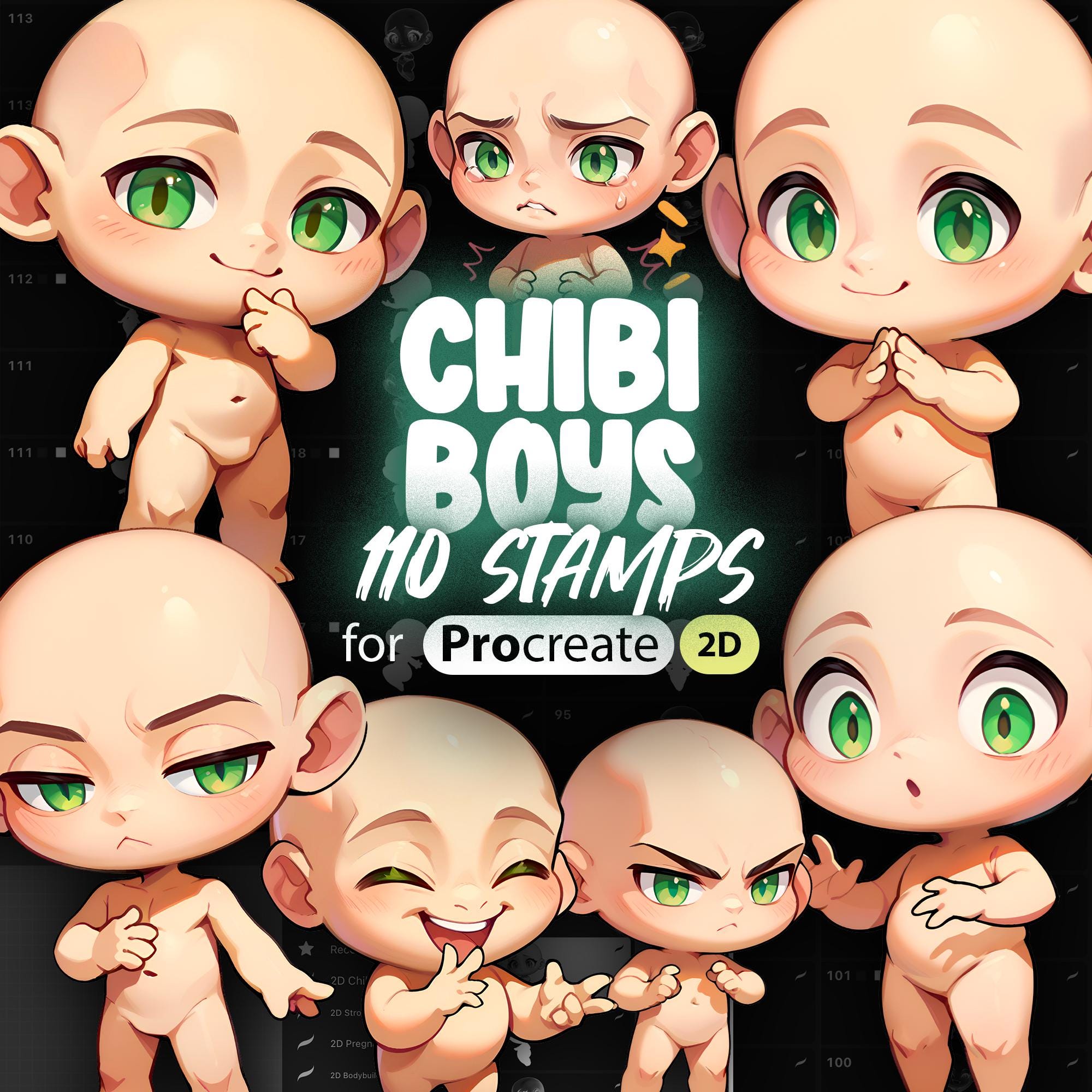 Sellos Chibi para Niños 2D en Procreate – Set de 110 pinceles de cuerpos y poses anime