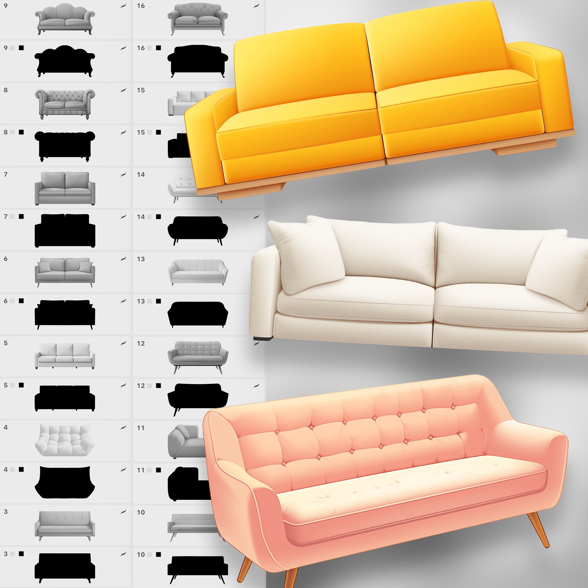 100 Procreate 2D Sofas Stamp Brushes | Procreate Furniture Stamp ...
