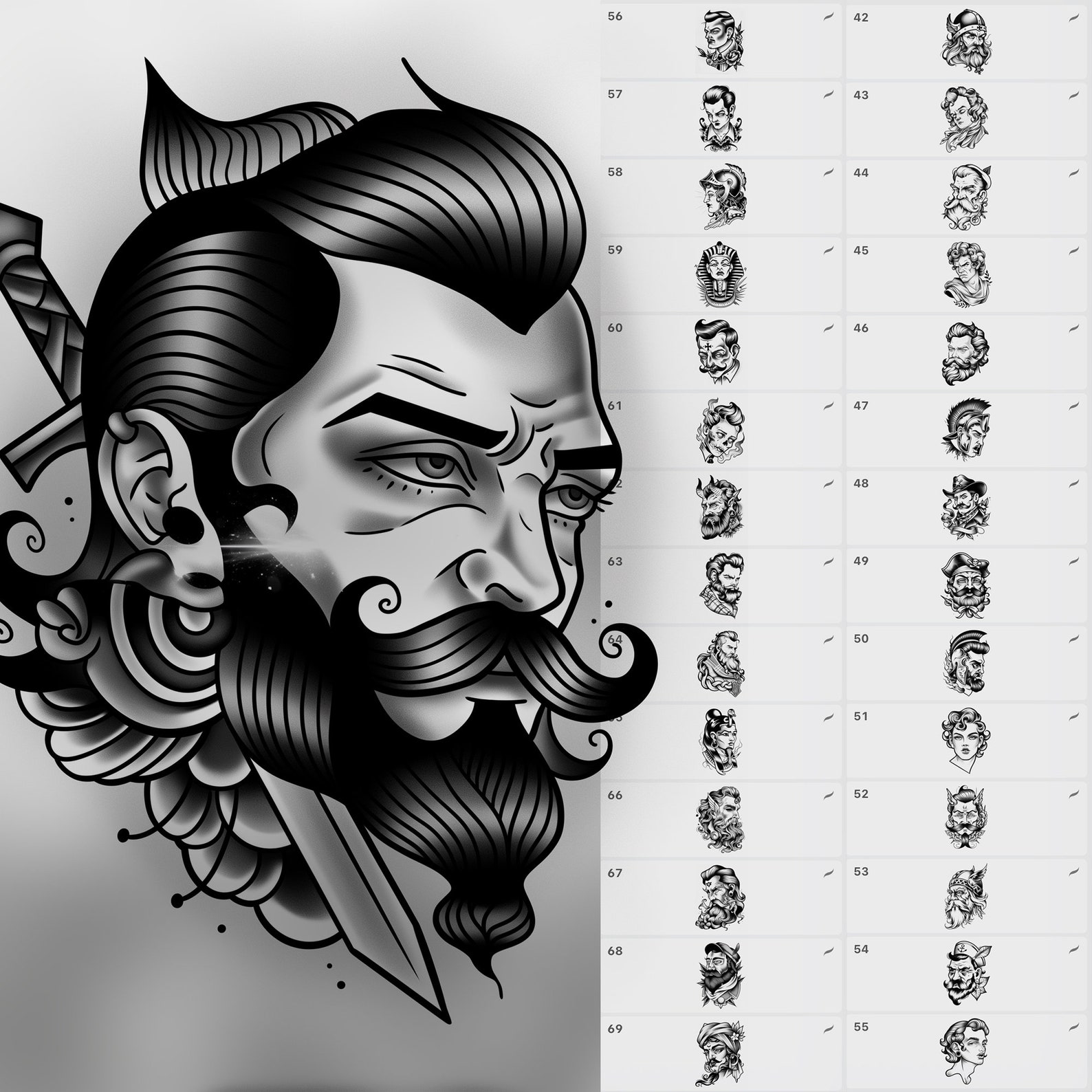 150 Procreate Neotraditional Men Tattoo Stamps | Photoshop Neo ...