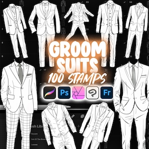 May include: A set of 100 groom suit stamps for use in Adobe Photoshop, Illustrator, Procreate, and Affinity Designer. The stamps are black and white line drawings of different styles of suits.