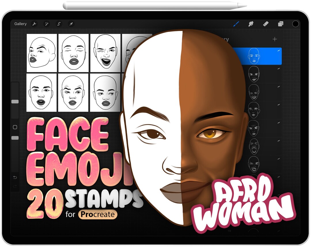 20 Procreate Afro Woman Face Emotions Stamp Brushes, Procreate Afro