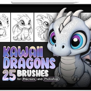 25 Kawaii Dragons Procreate Brushes, 25 Kawaii Dragons Photoshop Brushes, Fantasy Dragons Procreate Stamp Brushes, Cute Dragons Stamps