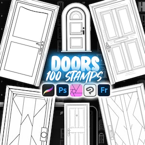 May include: A set of 100 black and white door stamps for use in Adobe Photoshop, Illustrator, Procreate, and Clip Studio Paint. The stamps feature various door styles, including arched, single-panel, and double-panel doors.