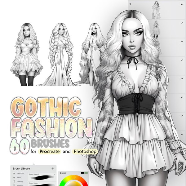 60 Gothic Fashion Style Procreate Brushes, 60 Gothic Fashion Style Photoshop Brushes, Gothic Girls Procreate Stamp Brushes, Gothic Dresses
