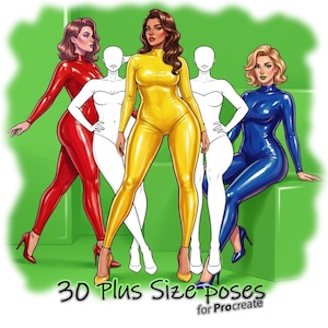 May include: Illustration of figures in red, yellow, and blue bodysuits, with blank figures in white. The image includes the text "30 Plus Size Poses for Procreate". The figures are in various poses, with high heels. The background is green.