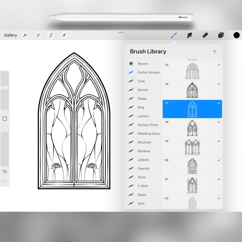 May include: A black and white illustration of a gothic window with a pointed arch and intricate details. The window is divided into two sections by a vertical mullion. The illustration is part of a digital brush library for artists.