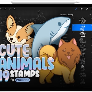 May include: A digital illustration on a tablet featuring a corgi, shark, and dog. The text reads "CUTE ANIMALS 19 STAMPS for Procreate". The tablet displays a brush library with animal stamp options.