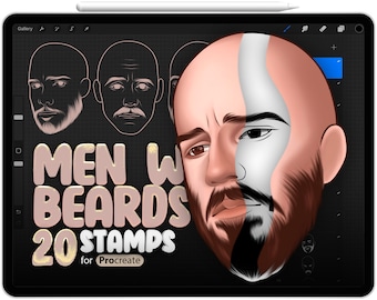 20 Men with Beards Stamp Brushes for Procreate, Male Head Reference for Procreate, A man with a mustache, A man with a beard for Procreate