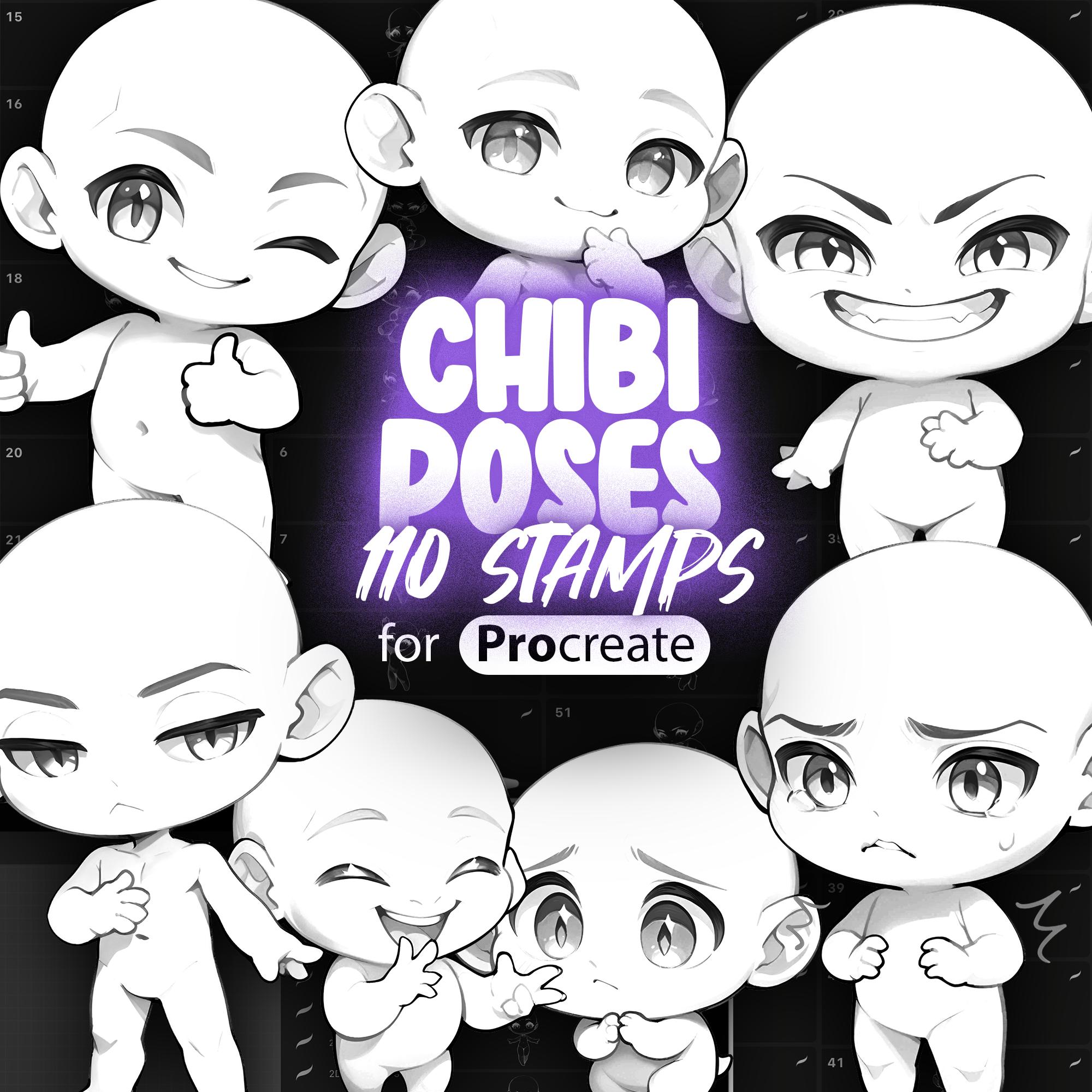 110 Procreate Chibi Boy Stamps – Anime Chibi Body & Pose Brush Set for Procreate