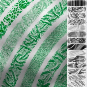 May include: A digital illustration of various textures and patterns, including a leopard print, floral designs, and different types of fabric. The textures are arranged in diagonal stripes on a white background.