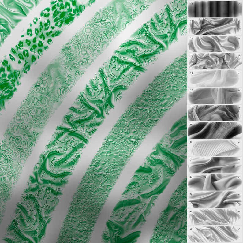 May include: A digital illustration of various textures and patterns, including a leopard print, floral designs, and different types of fabric. The textures are arranged in diagonal stripes on a white background.