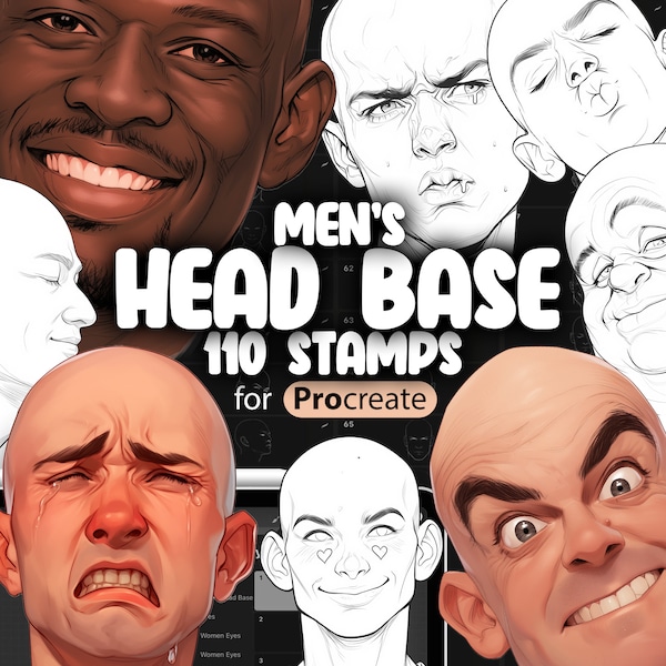 110 tampons de base Procreate Men's Heads | Tampons guides procréer la tête d'un homme | Tampons de référence Procreate Boy Head | Tampon portrait procréer