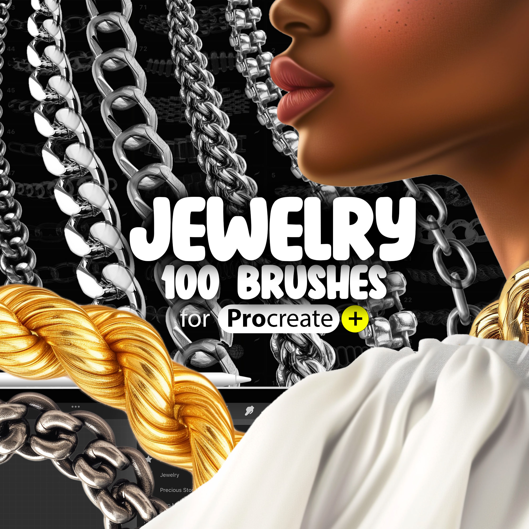 Juego de 100 pinceles de joyería para Procreate – Cadenas, collares, pulseras, perlas y gemas