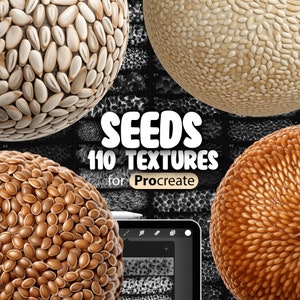 Puede incluir: Una colección de 110 texturas digitales para Procreate con varios patrones de semillas. Las texturas están disponibles en una variedad de colores, incluyendo marrón, beige y blanco. Las texturas son perfectas para agregar una sensación natural y orgánica a tu arte digital.