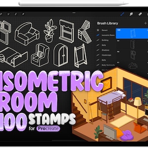 100 isometriska rumsborstar för Procreate, isometriska 3D-stämplar för pojkrum, Procreate-stämplar för isometriska 3D-flickrum, Procreate-inredning