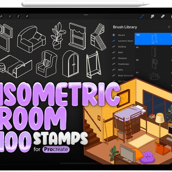 100 Isometric Room Brush for Procreate, Isometric 3D Boy Room Procreate Stamps, Isometric 3D Girl Room Procreate Stamps, Interior Procreate