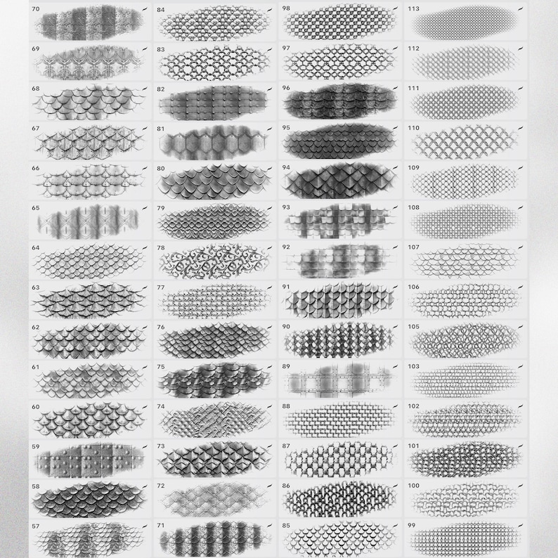 May include: A collection of 70 different black and white scale patterns, each numbered. The patterns are arranged in rows and columns, and each pattern is a different variation of scales.