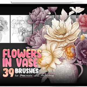 39 Flowers in vase Procreate Stamp Brushes, 39 Flowers in vase Photoshop Stamp Brushes, Floral Brushes Procreate