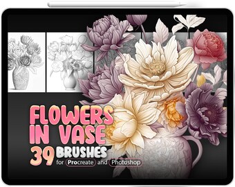 39 Flores em vaso Procreate Stamp Brushes, 39 Flores em vaso Photoshop Stamp Brushes, Floral Brushes Procreate